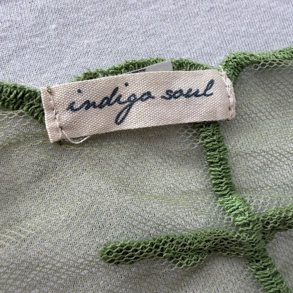Indigo Soul Scarf Women Green Floral Mesh Embroidered Tassel Boho Cottagecore
